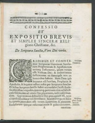 Confessio Et Expositio Brevis Et Simplex Syncerae Religionis Christianae, &c.
