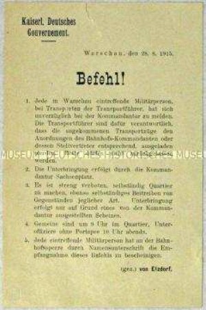 Befehl an die Soldaten im besetzten Warschau betreffend die Einquartierung