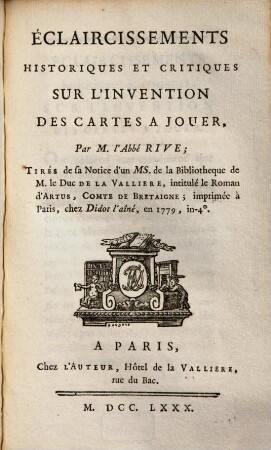 Éclaircissements historiques et critiques sur l'invention des cartes à jouer