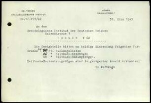 Schreiben (Abschrift); DAI Athen an AIDR (Bürobedarf)