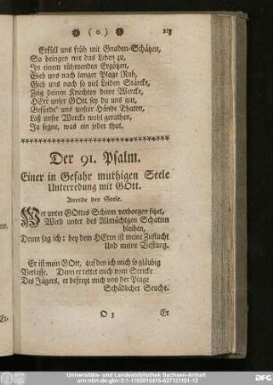 Der 91. Psalm. Einer in Gefahr muthigen Seele Unterredung mit Gott.
