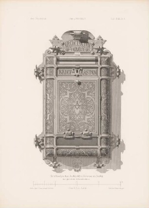 Briefkasten des AIV für aus geätztem Schmiedeeisen, Berlin: Ansicht (aus: Architektonisches Skizzenbuch, H. 158/5, 1879)