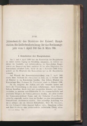 XVIII. Jahresbericht des Direktors der Kaiserl. Hauptstation für Erdbebenforschung für das Rechnungsjahr vom 1. April 1905 bis 31. März 1906