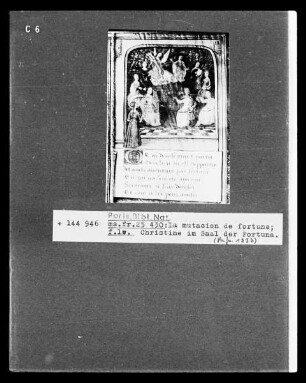 Le Livre de la Mutacion de Fortune: Fol. 1 v: Christine im Saal der Fortuna