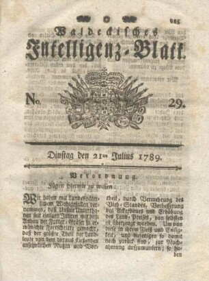 No. 29, Dinstag den 21ten Julius 1789
