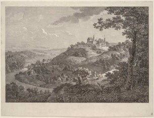 Das Schloss Wolkenburg (Limbach-Oberfrohna-Wolkenburg) südwestlich von Penig über der Zwickauer Mulde, Ansicht von Nordosten