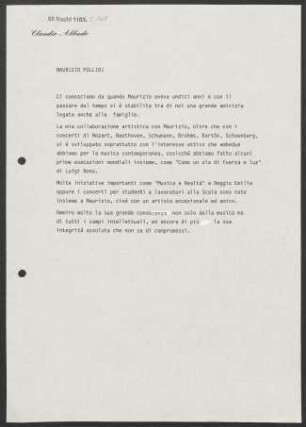 Kurzer Text von C. Abbado über Maurizio Pollini