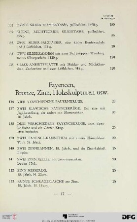 Fayencen, Bronze, Zinn, Holzskulpturen usw. (Nr. 136-157)