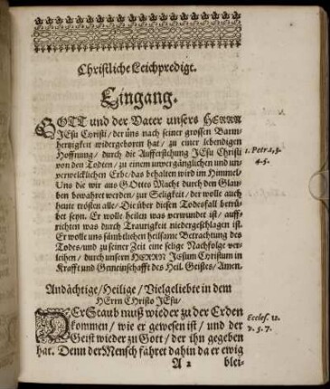 Christliche Leichpredigt. Eingang; Textus; Außlegung; Erklärung.
