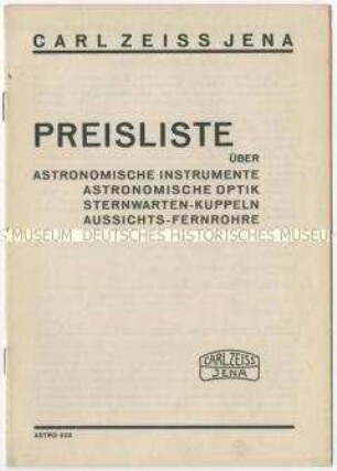 Preisliste über astronomische Instrumente