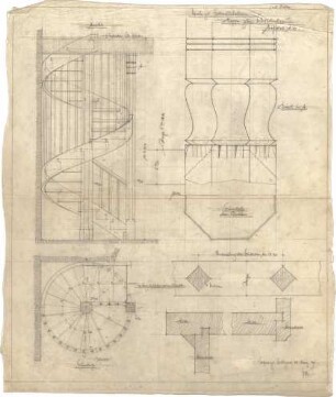 Dolmetsch, Theodor; Gottwollshausen; Kirche - Treppe zum Schiff - Dachraum (Grundrisse,Ansicht, Details)