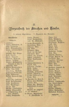 II. Verzeichniß der Straßen und Häuser
