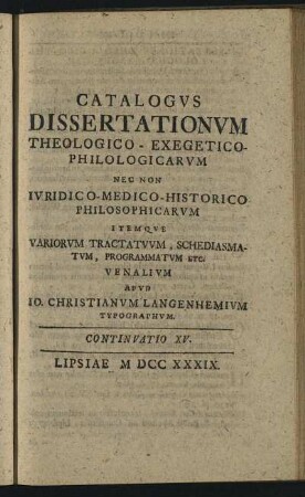 Continuatio XV. Lipsiae M DCC XXXIX.