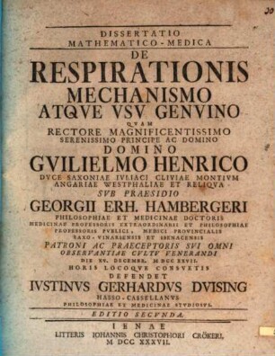 Diss. math.-med. de respirationis mechanismo atque usu genuino