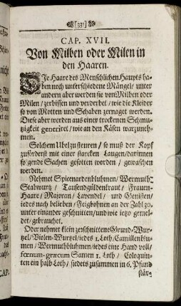 Cap. XVII. Von Milben oder Milen in den Haaren.