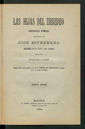 Las hijas del Zebedeo : zarzuela cómica ; refundida en un acto y dos cuadros