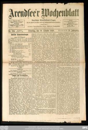 Arendsee'r Wochenblatt, Nr. 124. Dienstag, den 19. Oktober 1920.