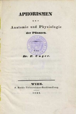 Aphorismen zur Anatomie und Physiologie der Pflanzen