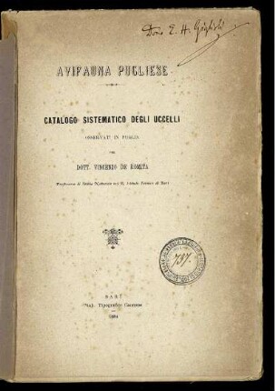 Avifauna Pucliese : Catalogo Sistematico Degli Uccelli Osservati in Puglia