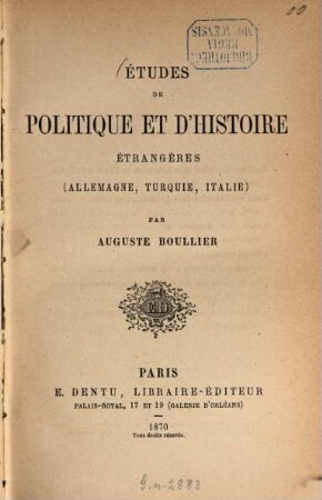 Études de politique et d'histoire étrangères : (Allemagne, Turquie, Italie)