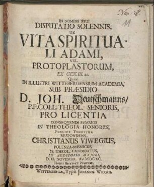 Disputatio Solennis, De Vita Spirituali Adami, Vel Protoplastorum, Ex Gen. III. 20.