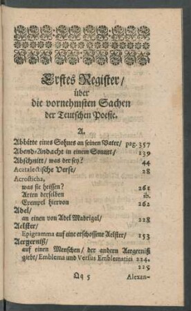 Erstes Register/ über die vornehmsten Sachen der Teutschen Poesie
