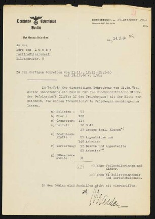 Deutsches Opernhaus (auch: Städtische Oper), Berlin: Schriftstück zum Fragebogen für das Handbuch »Das Deutsche Theater«