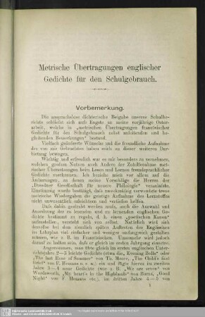 Metrische Übertragungen englischer Gedichte für den Schulgebrauch
