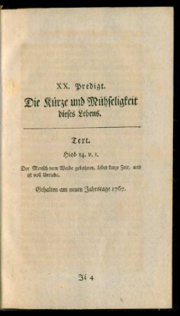 XX. Predigt. Die Kürze und Mühseligkeit dieses Lebens