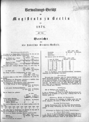 No. VIII. Bericht über die städtische Siechen-Anstalt
