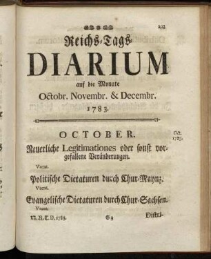 Reichs-Tags-Diarium auf die Monate Octobr. Novembr. & Decembr. 1783.