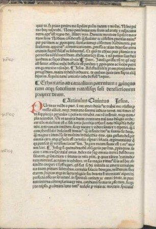 Exhortatio ad carnalium parentum [et] [pro]pinquorum atq[ue] sodalium natalisq[ue] soli derelictionem propter deum. Articulus Quintus Jesus.