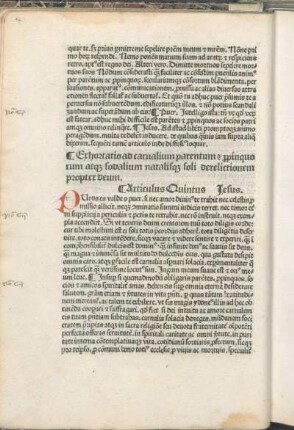 Exhortatio ad carnalium parentum [et] [pro]pinquorum atq[ue] sodalium natalisq[ue] soli derelictionem propter deum. Articulus Quintus Jesus.