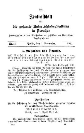 Vorschriften für die Festsetzung der nach Dienstaltersstufen geregelten Gehälter der unmittelbaren Staatsbeamten (Gehaltsvorschriften) : [A. Behörden und Beamte]