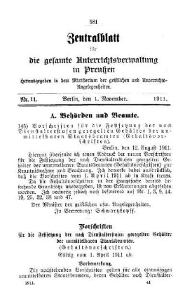 Vorschriften für die Festsetzung der nach Dienstaltersstufen geregelten Gehälter der unmittelbaren Staatsbeamten (Gehaltsvorschriften) : [A. Behörden und Beamte]