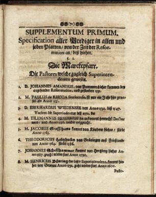 Supplementum Primum. Specification aller Prediger in allen und jeden Pfarren/ von der Zeit der Reformation an/ biß hieher.