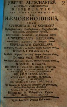 Josephi Altschaffer Austriaci Vindobonensis Dissertatio Inauguralis Medica De Haemorrhoidibus