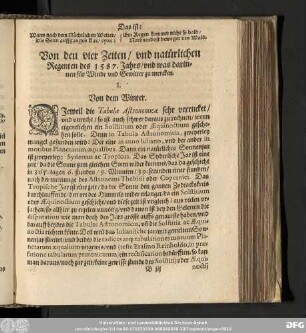 Von den vier Zeiten/ und natürlichen Regenten des 1587. Jahrs/ und was darinnen für Winde und Gewitter zu mercken.