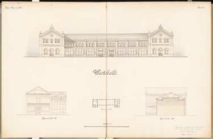 Seehafen Schinkelwettbewerb 1898: Wartehalle. Ansicht, Schnitte 1:100, Grundriss 1:500