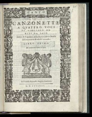 Vincenzo Neriti da Salo: Canzonette a quattro voci ... Libro primo ... Canto