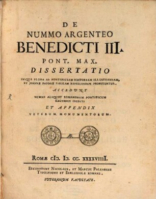De nummo argenteo Benedicti III. dissertatio
