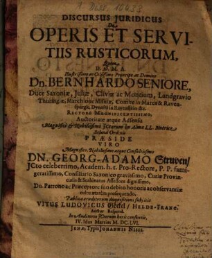 Discursus Iuridicus De Operis Et Servitiis Rusticorum