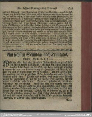 Am sechsten Sonntage nach Trinitatis. Epistel, Röm. 6. v. 3-11