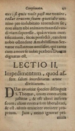 Lectio II. Impedimentum, quod affert saluti inordinatus amor divitiarum.