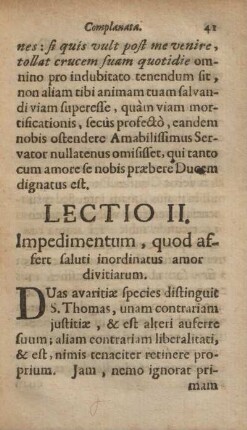 Lectio II. Impedimentum, quod affert saluti inordinatus amor divitiarum.