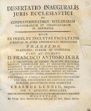 Dissertatio Inauguralis Juris Ecclesiastici De Confraternitatibus Ecclesiarum Cathedralium Et Collegiatarum In Germania