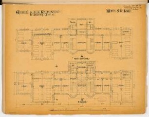 Kreiskrankenhaus, Insterburg Monatskonkurrenz November 1885: Grundriss Erdgeschoss, Obergeschoss; Maßstabsleiste