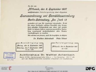 Auktionshaus Dr. Walther Achenbach: Luxuswohnung und Gemäldesammlung - Berlin-Schöneberg, Am Park 15 : 8. September 1937