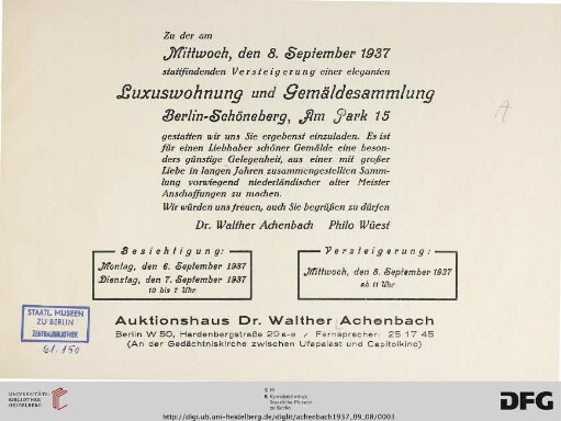 Auktionshaus Dr. Walther Achenbach: Luxuswohnung und Gemäldesammlung - Berlin-Schöneberg, Am Park 15 : 8. September 1937