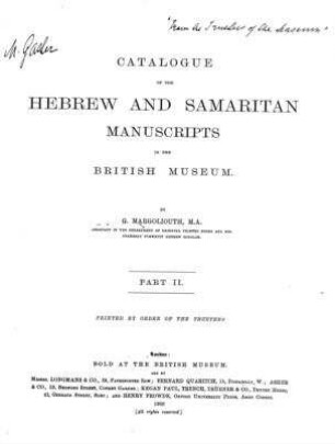 In: Catalogue of the Hebrew and Samaritan manuscripts in the British Museum ; Band 2